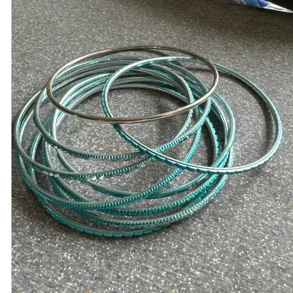 Nine Light Turquoise Blue, Sea Foam Green & Silver Bangle Bracelets - Picture 2 of 3